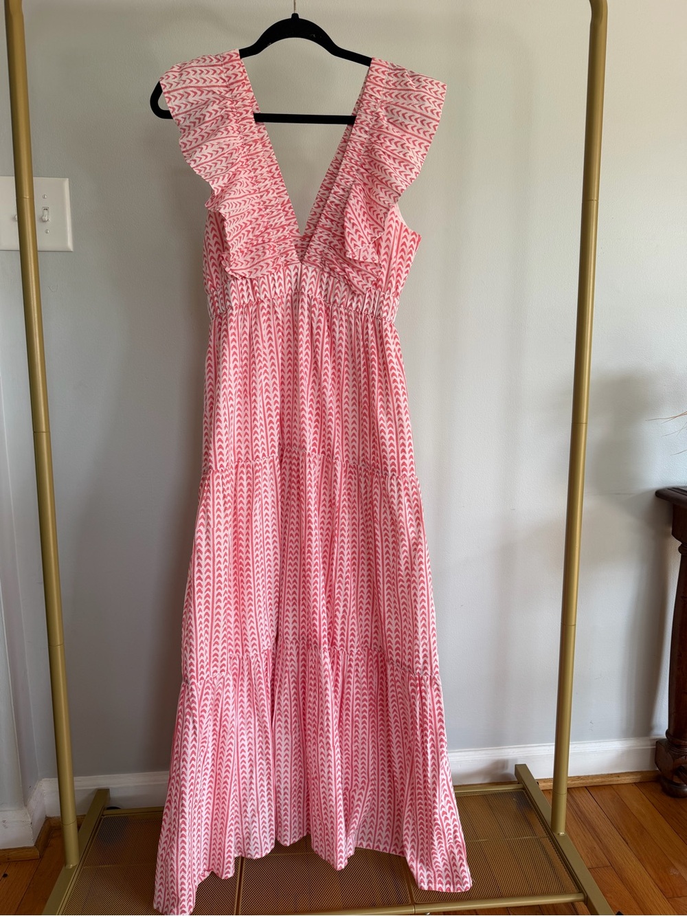 Pink Printed Maxi Dress with Ruffle V-Neck